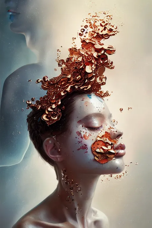 Prompt: 3 d, crying fashion model, flame, liquid metal and rose gold, morning, vogue cover style, poster art, high detail, intricate oil painting, multiple exposure, heaven mood, hyperrealism, 3 d, by tooth wu and wlop and beeple and greg rutkowski