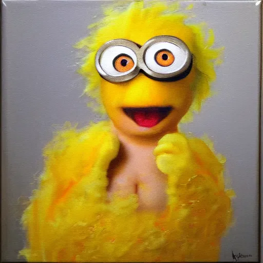 Image similar to impasto painting of a glowing kewpie doll that looks like Big Bird, painted in the style of Watteau with sad minion eyes, thick paint, visible brushstrokes, abstract elements