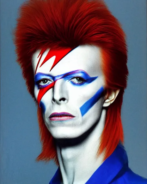 Image similar to a detailed portrait of david bowie as ziggy stardust by jean auguste dominique ingres, hyperrealism