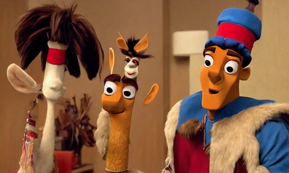 Prompt: still image of kuzco in an episode of the office, real, live - action, sitcom