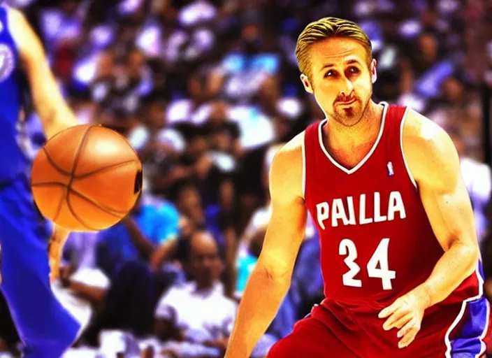 Image similar to ryan gosling playing in nba, philippines, real life photograph, award winning photograph, 4 k