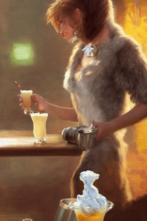 Image similar to a female anthro wolf serving milkshakes as a waitress, 5 0's diner, 4 k, furaffinity, trending on artstation, very expressive face, by gaston bussiere, craig mullins, sakimichan, gustav klimt, artgerm, greg rutkowski, alphonse mucha
