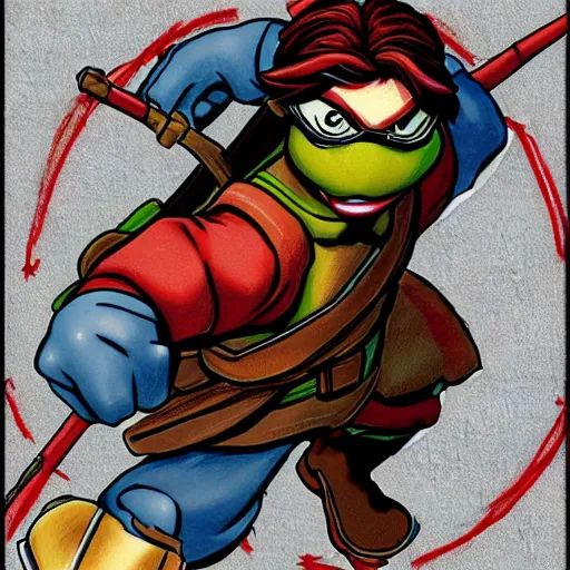 Prompt: Character portrait of Raphael from the Teenage Mutant Ninja Turtles in the style of Suikoden 2