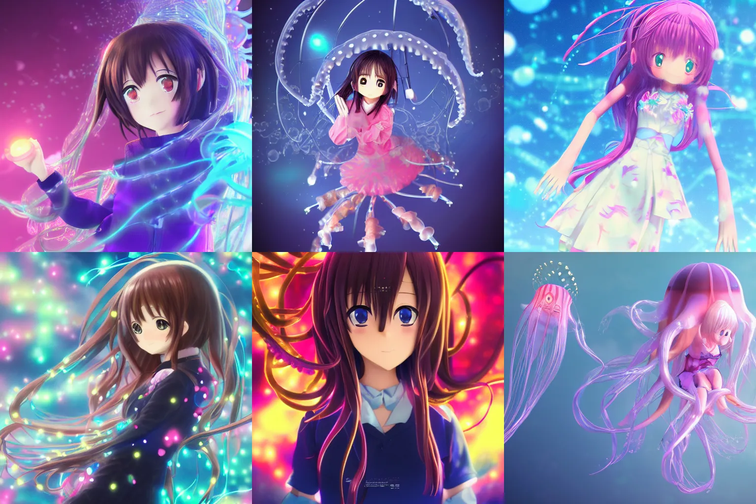 Prompt: intricate anime girl k-on kyoani, riding a jellyfish bio-mechanical bio-luminescence, octane render, trending on artstation, hyper realism, 8k, fractals, pattern