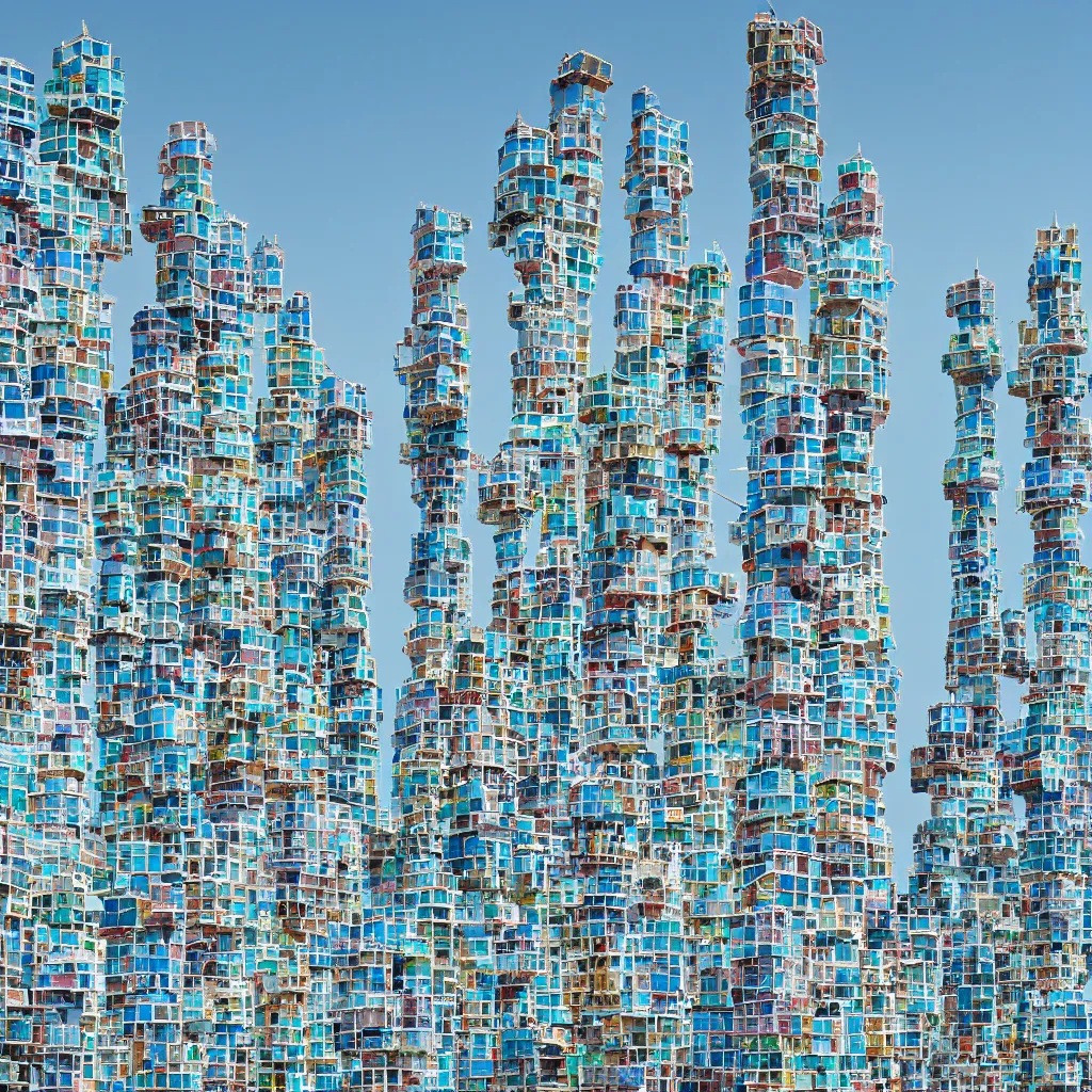 Image similar to close - up towers made up of colourful squatter housing, bleached colours, plain uniform light blue sky, dystopia, mamiya, very detailed, ultra sharp, photographed by john chiara