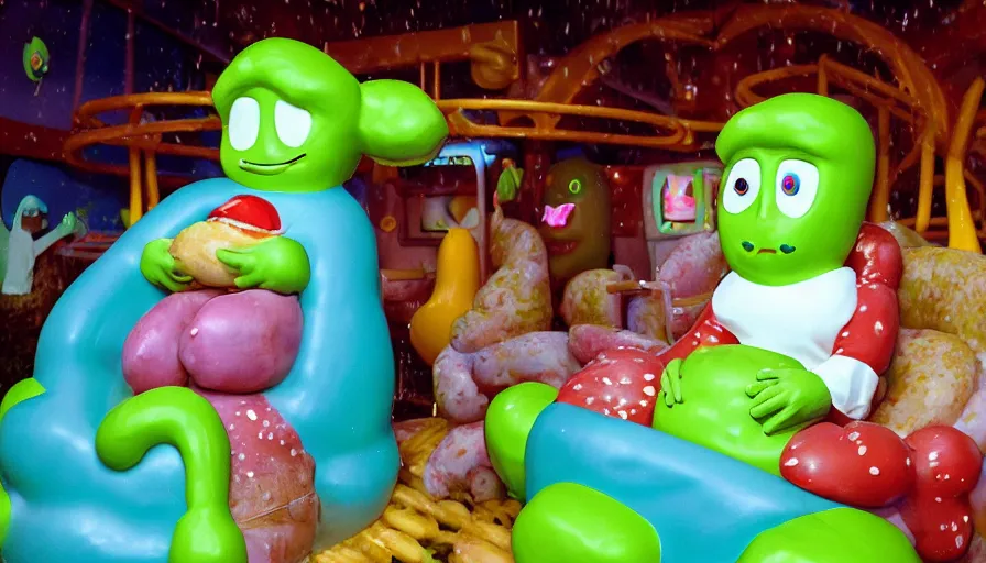 Image similar to 1990s photo of inside the Slime Friends Snow Potato Show ride at Universal Studios in Orlando, Florida, riding a hotdog through a dinner plate world, cinematic, UHD