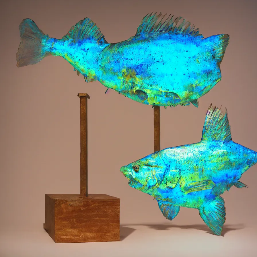 Image similar to hyperrealistic sculpture of a bronze ancient fossilized horned cave fish with opalescent blue and iridescent red spraypaint in a plywood grid cage on a pedestal by ron mueck and duane hanson and lee bontecou, hyperrealistic dramatic colored lighting trending on artstation 8 k