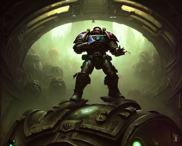 Image similar to 4 k cinematic still portrait of a space marine in a dark liminal space room, nurgle, deep focus, d & d, fantasy, intricate, repulsive, highly detailed, digital art, art station, concept art, matte, sharp focus, illustration, dark fantasy art, hearthstone, art by artgerm and greg rutkowski and alphonse mucha