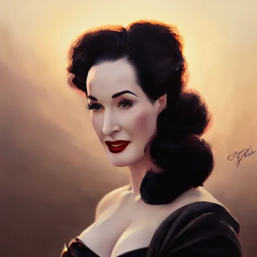 Image similar to closeup portrait of dita von teese, dramatic lighting, city background, sunset, chiaroscuro, complementary contrast high detail, painted by greg rutkowski, painted by igor kieryluk, painted by bobby chiu, trending on artstation