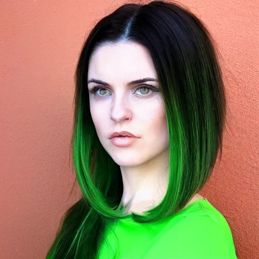 Image similar to brunette woman, flipped hairstyle, bright green eyes