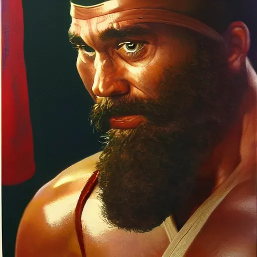 Image similar to ultra realistic portrait painting of forest gump as ryu, art by frank frazetta, 4 k, ultra realistic, highly detailed, epic lighting