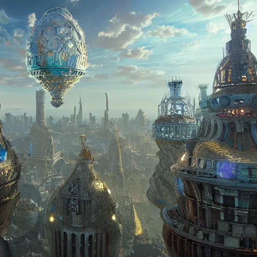 Image similar to enormous flying city in a faberge egg, sky, steampunk, fantasy art, unreal engine,