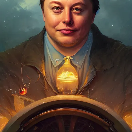 Image similar to Highly detailed portrait of fat Elon Musk, Stephen Bliss, unreal engine, fantasy art by Greg Rutkowski, Loish, Rhads, ferdinand knab, Makoto Shinkai and Lois van baarle, ilya kuvshinov, rossdraws, Tom Bagshaw, alphonse mucha, global illumination, radiant light, detailed and intricate environment