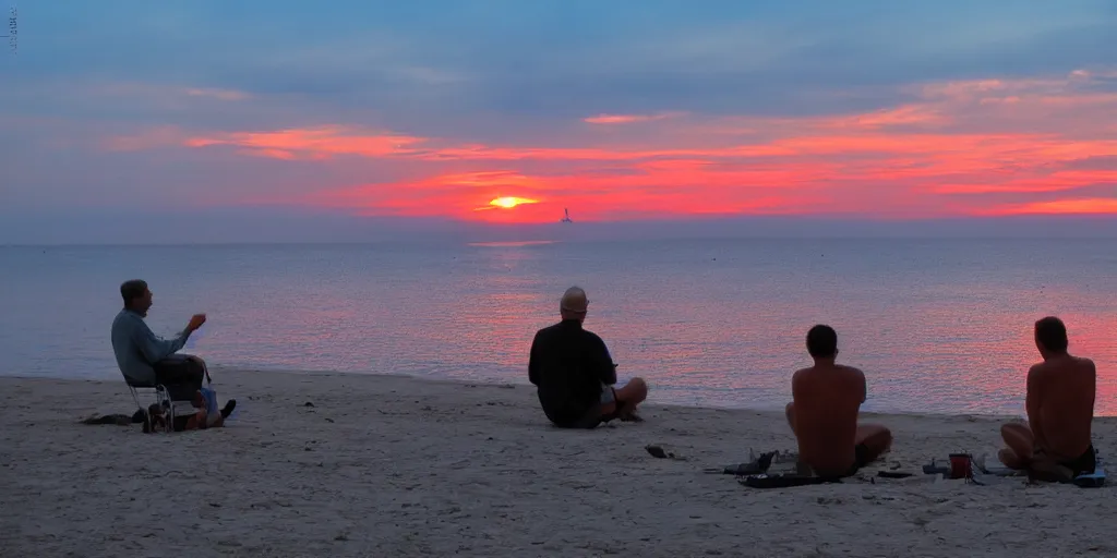 Prompt: 2 men watching the beautiful sunset together by the beach, by greg rutowski, vibrant colors