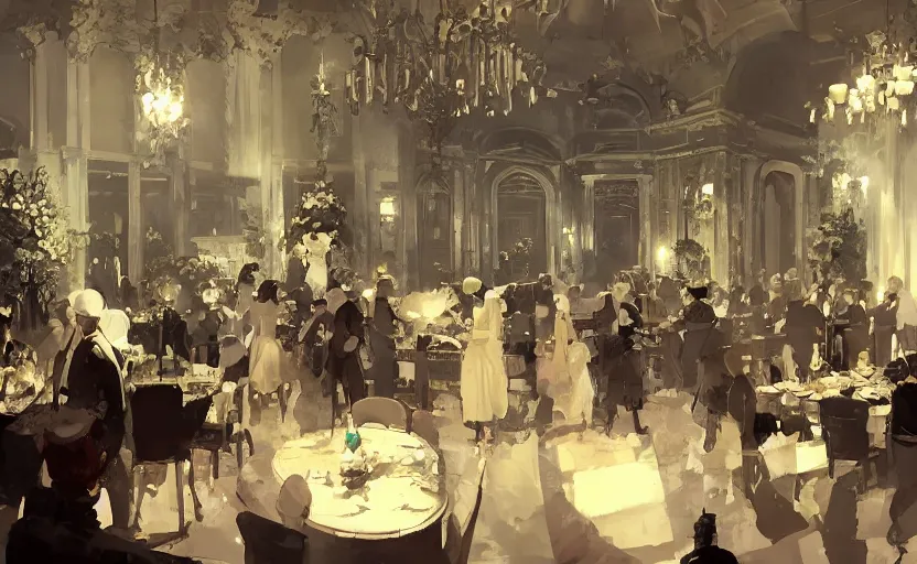 Image similar to craig mullins and ghibli digital painting of a 1 9 2 0 s grand party in a beautiful mansion, many partygoers, strong contrast, unreal engine, hyper realism, realistic shading, cinematic composition, realistic render, octane render, detailed textures, photorealistic, ultrawide shot, 3 5 mm film