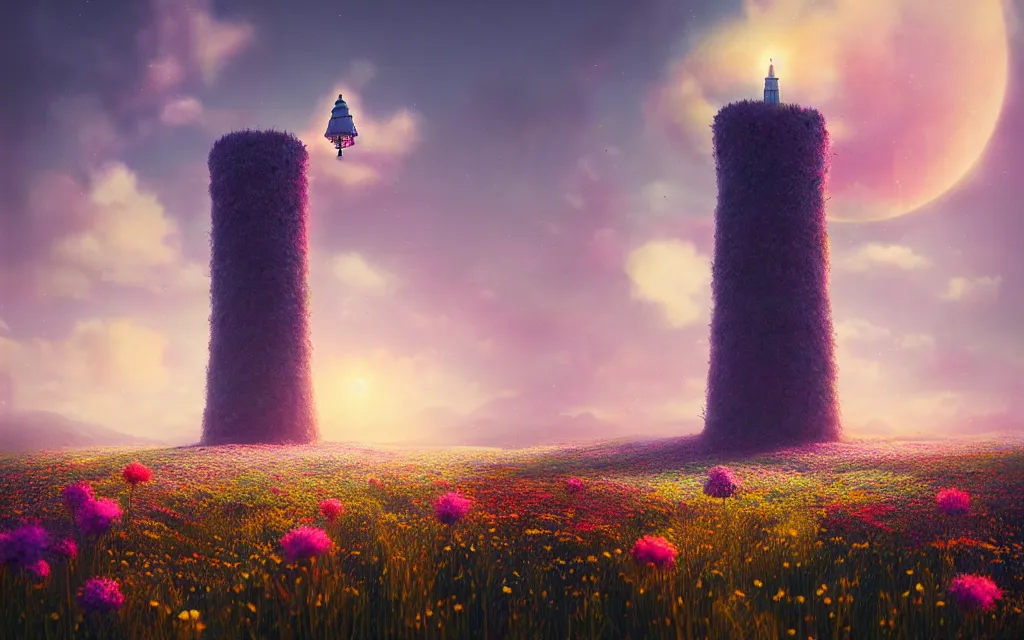 Prompt: a lonely tower in a field of flowers landscape by mike winkelmann, magic realism matte painting, vibrant colors, highly detailed