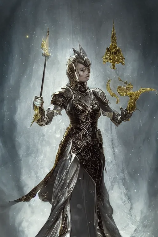 Image similar to a muse of beauty, Elspeth Knight Errant, long flowing cape and cowl, silver and gold heavy armour, long magical staff with ruby gems, young female face, liquid magic, cinematic top lighting, insanely detailed and intricate, face by wlop, Charlie Bowater, golden ratio, symmetric, elegant, ornate, luxury, elite, matte painting, MTG, magic the gatheing, cinematic, cgsociety, 8k, high resolution, trending on artstation, deviantart and pinterest