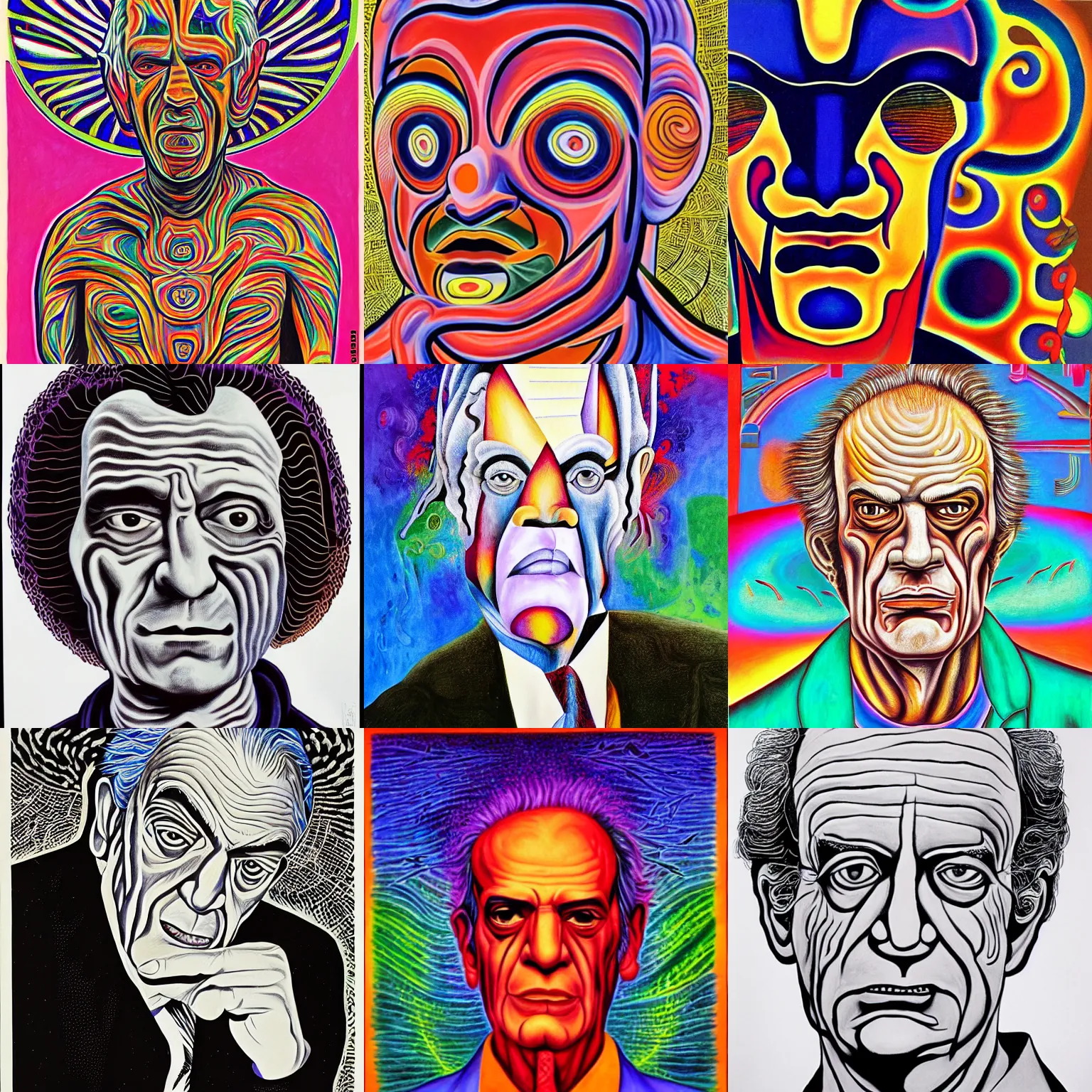 Prompt: Nicanor Parra, painted by Alex Grey