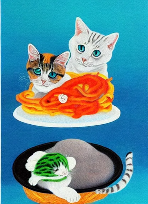 Image similar to clear surrealist painting of adorable cats made out of sushi