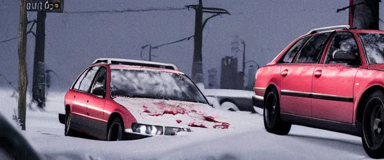 Image similar to Audi A4 B6 Avant (2002), a gritty neo-noir, dramatic lighting, cinematic, eerie person, death, homicide, homicide in the snow, viscera splattered, gunshots, bullet holes, establishing shot, extremely high detail, photorealistic, fire, arson, cinematic lighting, artstation, by simon stalenhag, Max Payne (PC) (2001) winter New York at night, In the style of Max Payne 1 graphic novel, flashing lights, Poets of the Fall - Late Goodbye