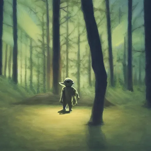 Prompt: high - angle view, shot from 5 0 feet distance, baby yoda on a well lit path in a dimly lit forest. dramatic clouds, setting sun, oil on canvas. light, shadow, depth, volume, chiaroscuro, drama, quiet intensity, realism, oil