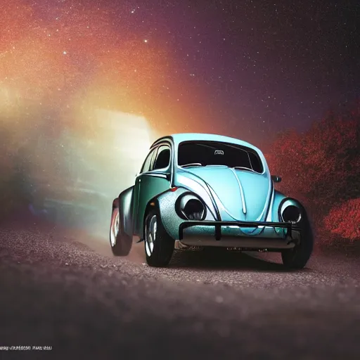 Prompt: promotional scifi - blockbuster movie scene of a ladybug merged with a'glossy volkswagen beetle '. it has wings and is flying down a dusty backroad along a gentle creek in smokey mountains tennessee. cinematic, muted dramtic color, 4 k, imax, 7 0 mm, hdr