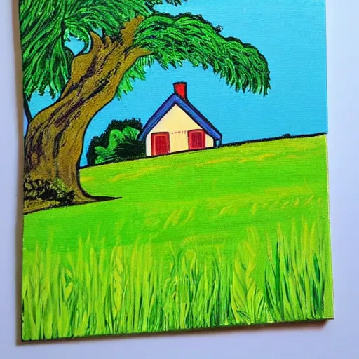 Prompt: a painting of a beautiful cottage, with a lush grass lawn, featuring a tree in the style of pop art