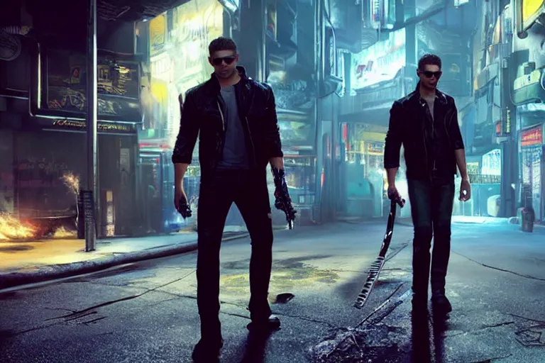 Image similar to a detailed full bodied 3 d render of an extremely handsome jensen ackles as the terminator walking down a dark alley in cyberpunk 2 0 7 7 and holding a glowing electrified katana, facing the camera, explosion in the background, volumetric lighting, octane render, 8 k, art by greg rutkowski and albert bierstadt and alphones mucha