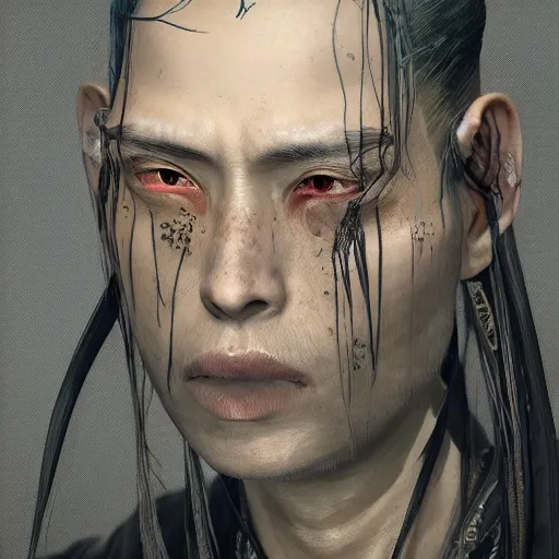 Image similar to Sickly diseased dying Samurai warrior, portrait by Cedric Peyravernay, highly detailed, excellent composition, cinematic concept art, dramatic lighting, trending on ArtStation