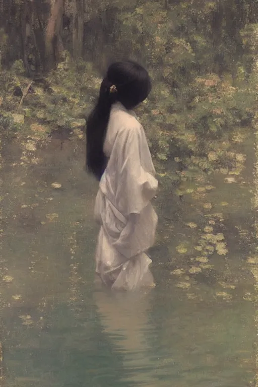 Image similar to “ woman in kimono, posing underwater before birch trees, jeremy lipking, joseph todorovitch ”