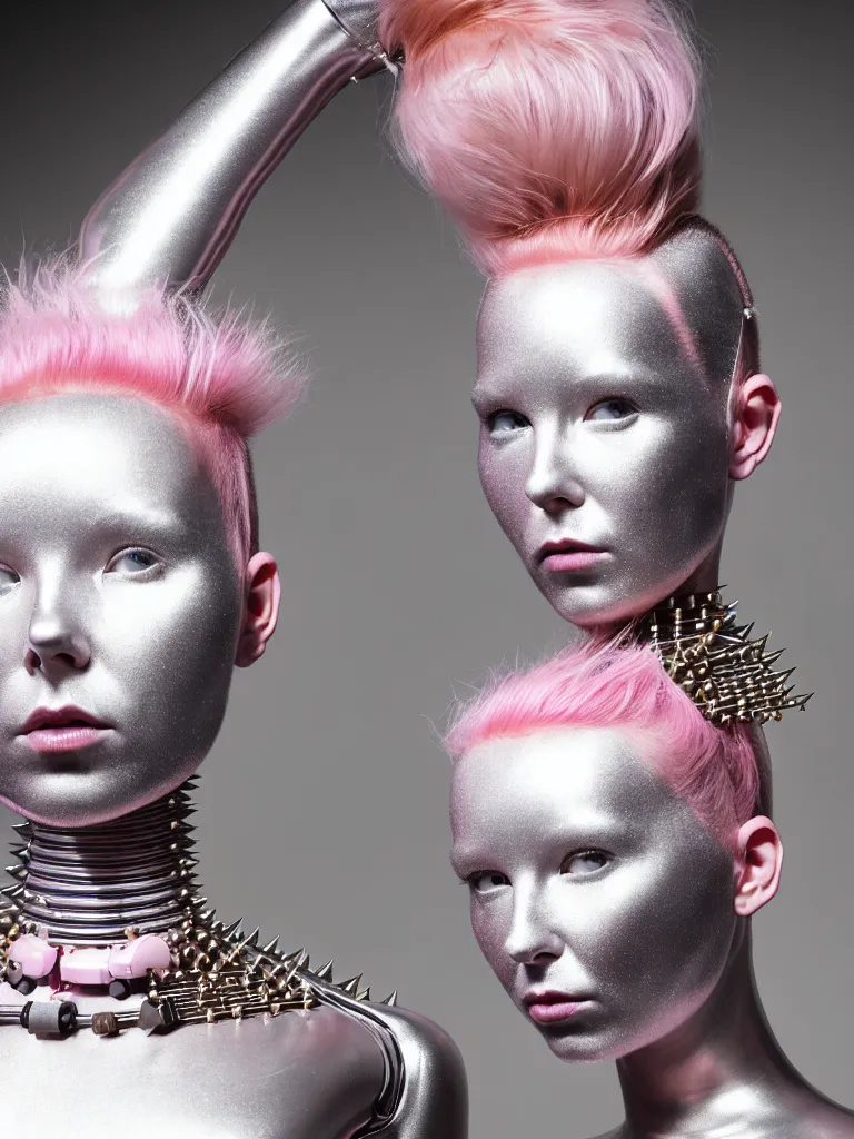 Image similar to portrait of a biomechanical goddess wearing a steel spikes studded iridescent beauty mask and pink hair buns, wearing a black bodysuit by alexander mcqueen, cream white background, soft diffused light, biotechnology, humanoid robot, perfectly symmetric, bjork aesthetic, translucent, by rineke dijkstra, intricate details, highly detailed, masterpiece,