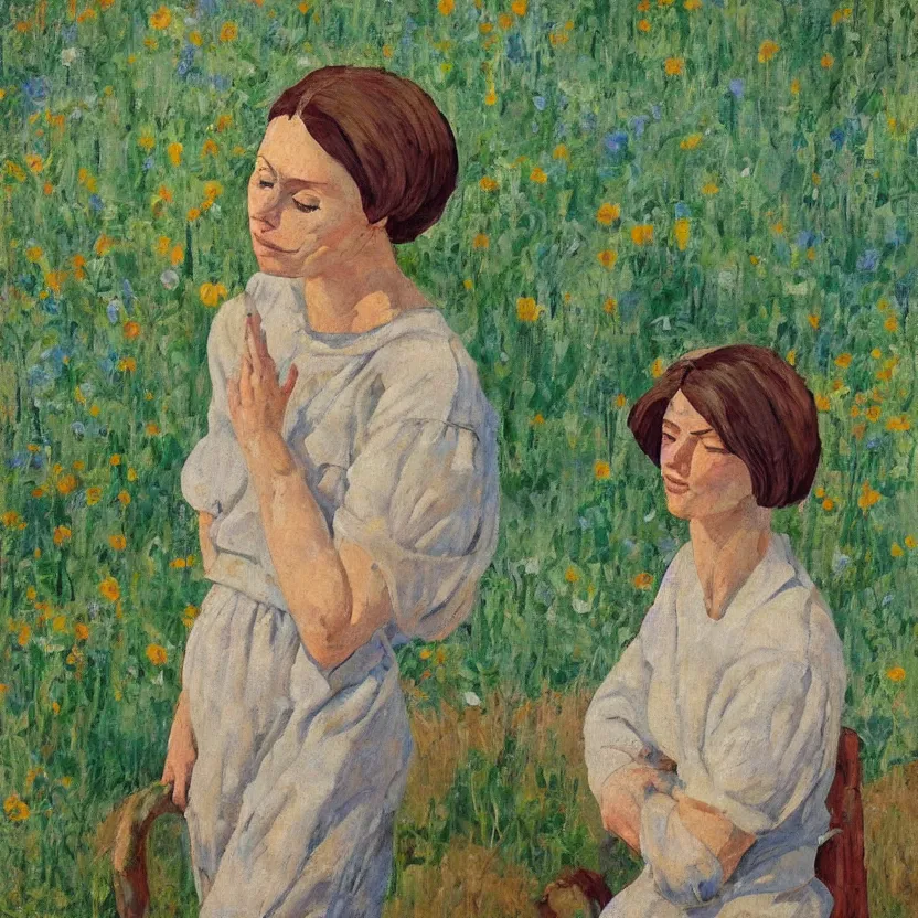 Image similar to a painted portrait of a women outdoors, art by felice casorati, aesthetically pleasing and harmonious natural colors, expressionism, fine day, mid shot portrait