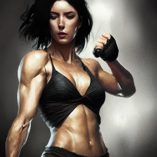 Prompt: an action photo of a black haired woman in a black tank top punching someone, muscular upper body, abs, d & d, fantasy, intricate, elegant, highly detailed, digital painting, artstation, concept art, smooth, sharp focus, illustration, art by artgerm and greg rutkowski and alphonse mucha
