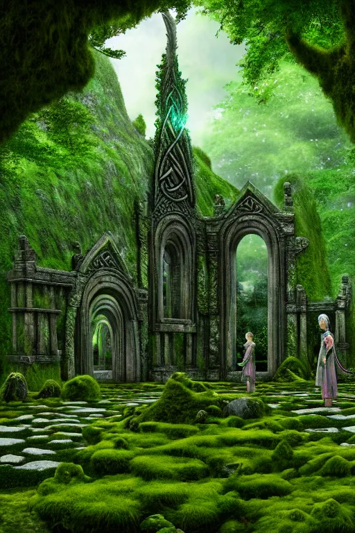 Image similar to photography of a hyper realistic lost celtic elven temple in a magical fantasy garden, mirroring water, mossy stone pilars, epic scale, insanely complex, hyperdetailed, sharp focus, hyper realism, artstation, cgsociety, 8 k, bright colors, by takato yamamoto, unreal engine 5