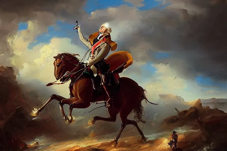 Image similar to “An oil painting of George Washington riding in an open top attack mech trending on artstation”