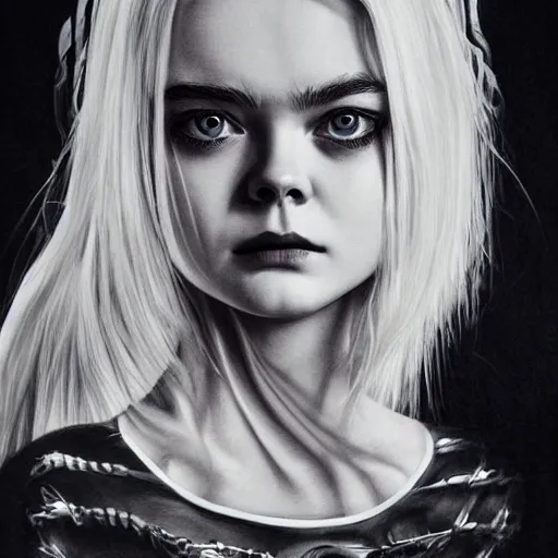 Prompt: a striking hyper real ink illustration of Elle Fanning, dark, metal,