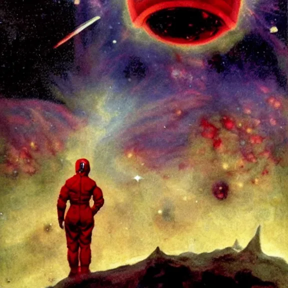 Prompt: scientist wearing a red hazmat suits reaching towards a giant crystal hovering above with a nebula sky background by frank frazetta