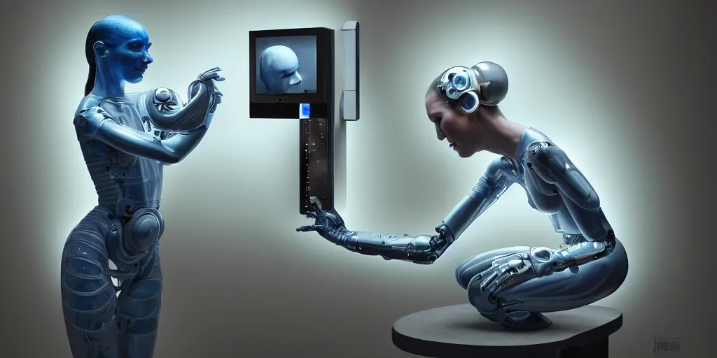 Image similar to hyperrealistic photography of a cyborg patting an android machine in the style of Jin Kagetsu, patricia piccinini, James Jean and wlop, highly detailed, masterpiece, award-winning, sharp focus, intricate concept art, ambient lighting, 8k, artstation