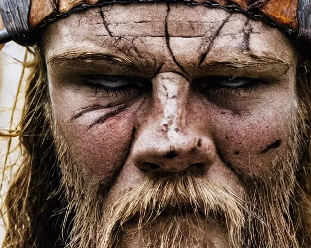 Prompt: A very close up of a viking with scars on the face, rage