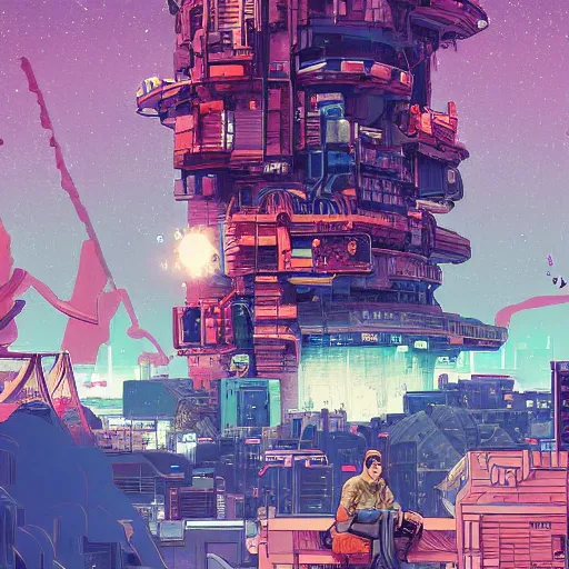 Prompt: cyberpunk explorer playing video games in his treehouse, highly detailed, 4k, midnight, by Victo Ngai and James Gilleard , Moebius, Laurie Greasley