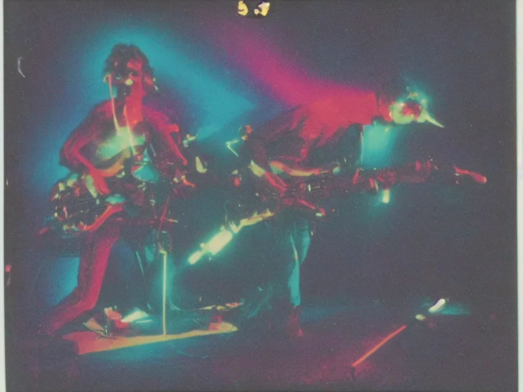 Image similar to 1980s polaroid colour flash photograph of a creature made of electric guitars