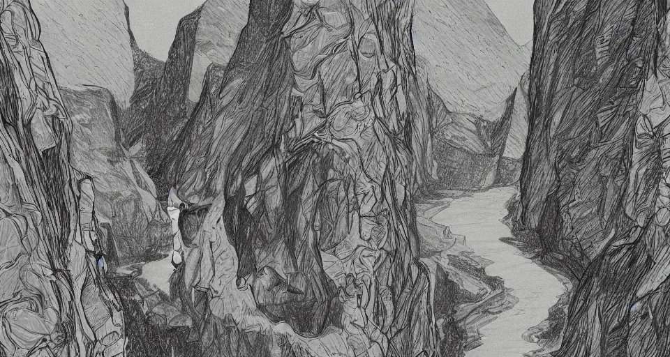 Image similar to a drawing of a person standing in a canyon, an album cover by alson s. clark, tumblr contest winner, underground comix, concert poster, official art, poster art