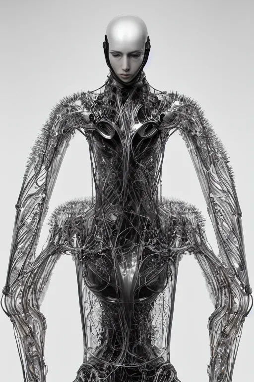 Image similar to iris van herpen, perfect symmetrical body, helmet on face, full body shot, inflateble shapes, wires, tubes, veins, jellyfish, white biomechanical details, wearing epic bionic cyborg implants, masterpiece, intricate, biopunk, vogue, highly detailed, artstation, concept art, cyberpunk, octane render