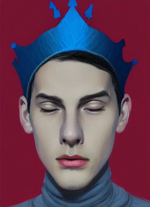 Image similar to portrait of teenage jughead jones wearing a light grey crown, crown, blue turtleneck, 1 9 5 0 s, closed eyes, photorealistic, black hair, glowing lighting, intricate, elegant, glowing lights, highly detailed, digital painting, artstation, concept art, smooth, sharp focus, illustration, art by wlop, mars ravelo and greg rutkowski