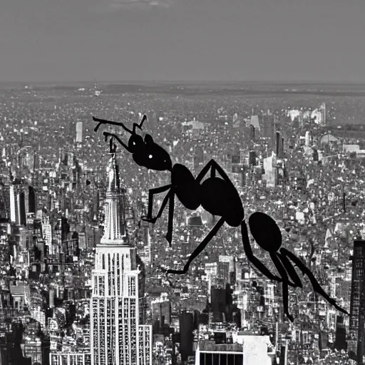 Prompt: a giant ant climbing the empire state