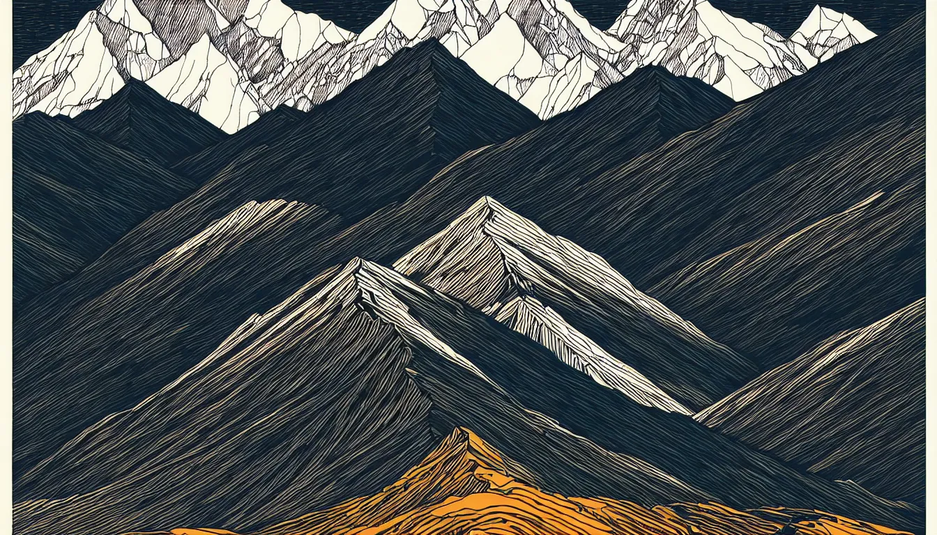 Image similar to himalayas by dan mumford and peter doig and edward hopper, symmetrical, minimal, black ink, thick lines highly detailed, muted colours 8 k