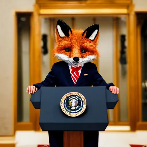 Image similar to a fox animal dressed in a suit giving a presidential press conference, 8 5 mm f / 1. 4