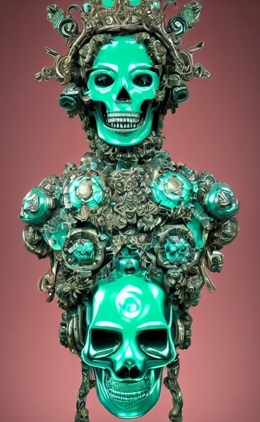 Prompt: a young handsome latino ceramic and pink iron-plated android prince with a large glowing mint crystal in the center of his chest, full-body bronze cyberpunk style statue of Andromeda with glowing green laser eyes, crown of mechanical chrysanthemums, flowing aqua silk, fabric, steampunk flowers. baroque elements, human skull. full-length view. baroque element. intricate artwork by caravaggio. many flying horses on background. Trending on artstation, octane render, cinematic lighting from the right, hyper realism, octane render, 8k, depth of field, 3D