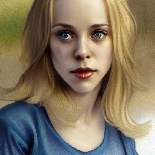 Image similar to Young blonde Rachel McAdams, highly detailed, digital painting, artstation, concept art, smooth, sharp focus, illustration, ArtStation, art by artgerm and greg rutkowski and alphonse mucha and J. C. Leyendecker and Edmund Blair Leighton and Katsuhiro Otomo and Geof Darrow and Phil hale and Ashley wood and Ilya repin and Charlie Bowater