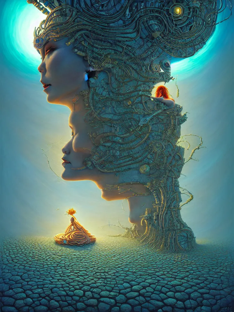 Image similar to the surreal goddess of dreams by carol bak, jacek yerka, gediminas pranckevicius, alex gray, dan mumford and h. r. giger, digital painting, octane rendered, crepuscular rays, neon cyberpunk colors, cinematic, trending on artstation